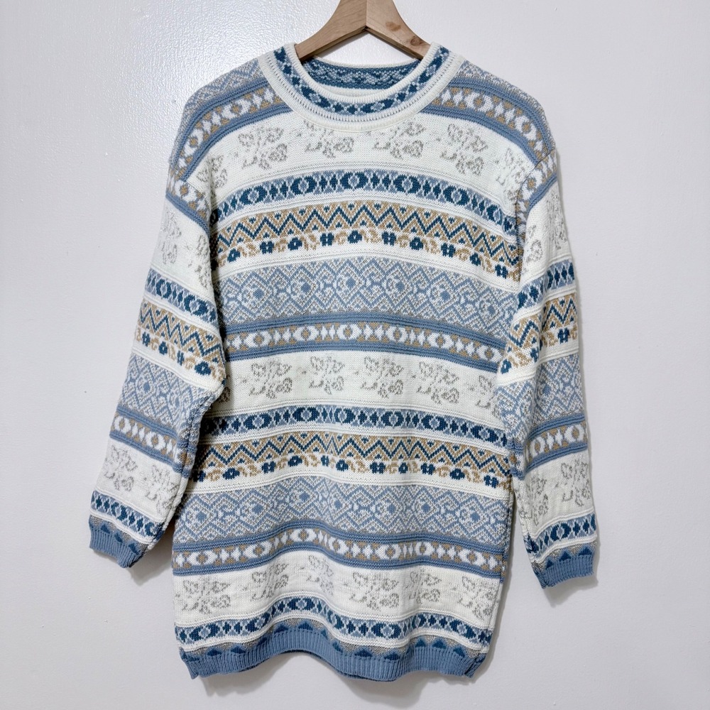 Lindsey Blake VTG Blue White Fair Isle Sparkle Knit Sweater USA S GrandmaCore